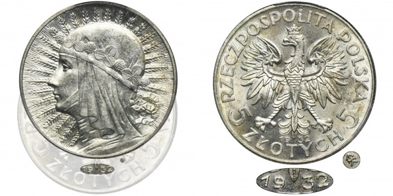 Głowa Kobiety, 5 złotych Warszawa 1932 - PCGS MS62 - RZADKA I PIĘKNA Najrzadsza ...