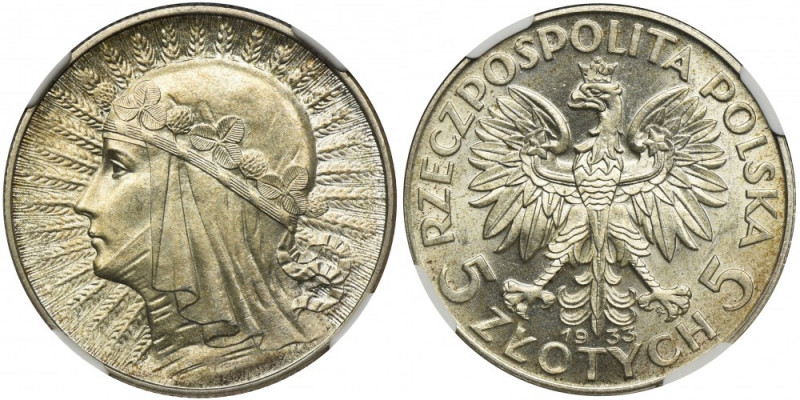 Głowa Kobiety, 5 złotych 1933 - NGC MS63 Menniczy stan zachowania. Bardzo dobrze...