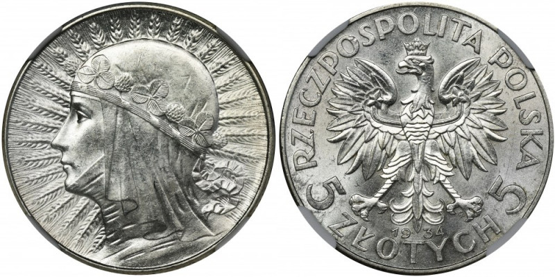 Głowa Kobiety, 5 złotych 1934 - NGC MS62 Bardzo atrakcyjna, mennicza sztuka z po...