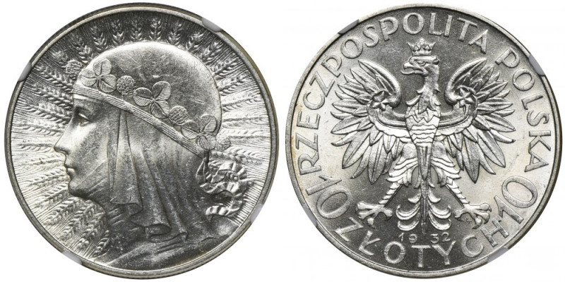 Głowa Kobiety, 10 złotych Warszawa 1932 - NGC MS63+ WYŚMIENITA Spektakularny egz...