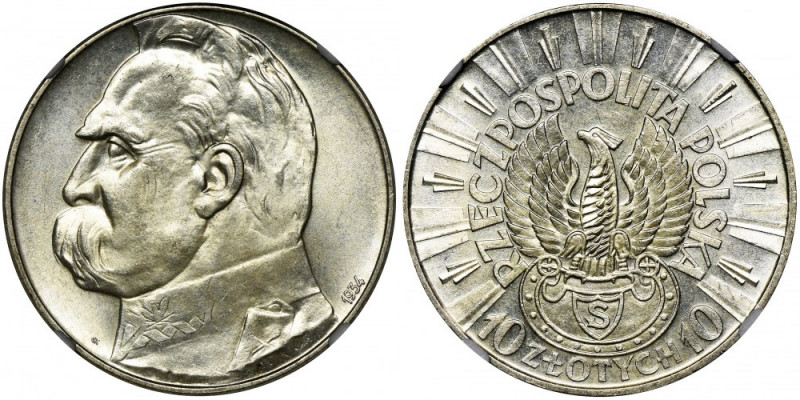 Piłsudski Strzelecki, 10 złotych 1934 - NGC MS63 Rzadszy typ z orłem strzeleckim...