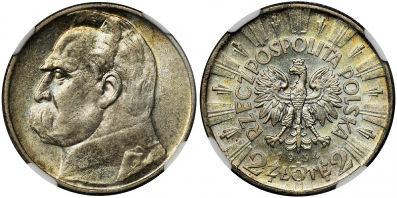 Piłsudski, 2 złote 1934 - NGC MS61 &nbsp; Ładna moneta z zachowanym zegarowym po...