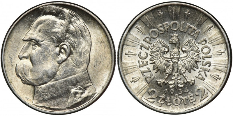Piłsudski, 2 złote 1934 - MENNICZE &nbsp; Menniczy egzemplarz.&nbsp; Piękny zega...