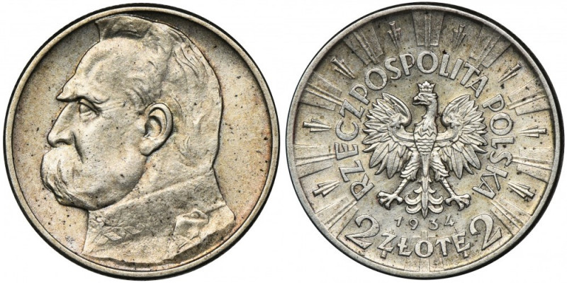 Piłsudski, 2 złote 1934 &nbsp; Atrakcyjny egzemplarz w równomiernej patynie.&nbs...