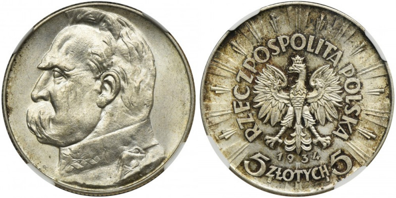 Piłsudski, 5 złotych 1934 - NGC MS62 Pierwszy rocznik pięciozłotówki z Piłsudski...