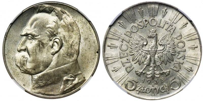 Piłsudski, 5 złotych 1938 - NGC MS63 Najrzadszy rocznik pięciozłotówki z Piłsudz...