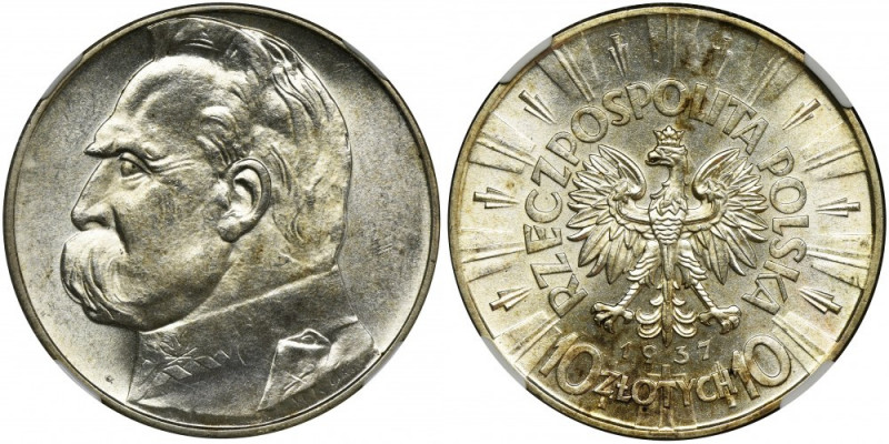 Piłsudski, 10 złotych 1937 - NGC MS63 Znakomity egzemplarz. Mennicza świeżość, m...