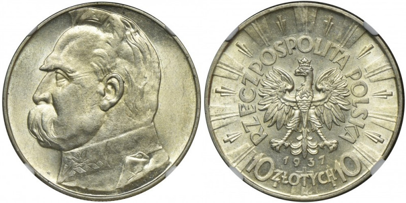 Piłsudski, 10 złotych 1937 - NGC MS62 Rzadszy rocznik.&nbsp; Piękny egzemplarz w...