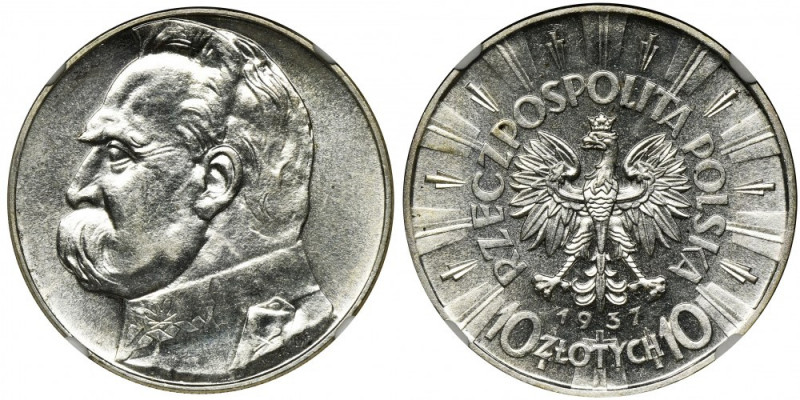 Piłsudski, 10 złotych 1937 - NGC MS60 Menniczy egzemplarz. Umyty. Reference: Par...