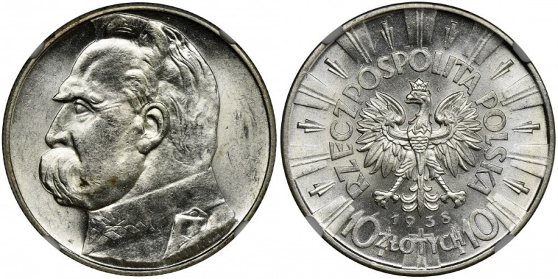 Piłsudski, 10 złotych 1938 - NGC MS61 Piękny, menniczy egzemplarz z połyskiem. R...
