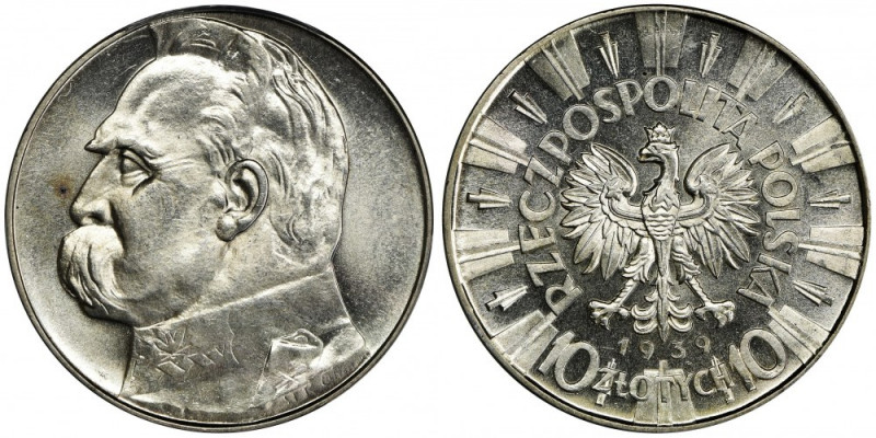 Piłsudski, 10 złotych 1939 - PCGS MS62 - świeży stempel &nbsp; Niebywałej urody ...