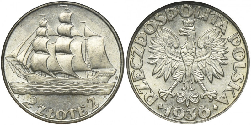 Żaglowiec, 2 złote 1936 - NGC MS65 - PIĘKNA Wyśmienicie zachowana moneta.&nbsp; ...