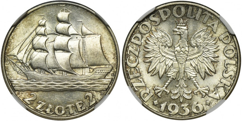 Żaglowiec, 2 złote 1936 - NGC MS63 Menniczy stan zachowania. Bardzo ładna moneta...