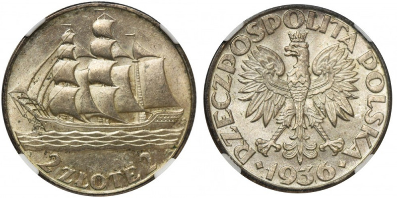 Żaglowiec, 2 złote 1936 - NGC MS63 Menniczy stan zachowania. Bardzo ładna moneta...