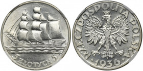 Żaglowiec, 5 złotych 1936 - NGC MS63 - PIĘKNY