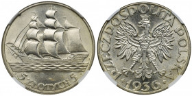 Żaglowiec, 5 złotych 1936 - NGC MS62