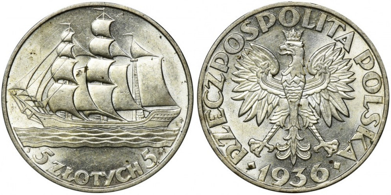 Żaglowiec, 5 złotych 1936 Menniczy egzemplarz. Ostre detale, tło z zegarowym poł...