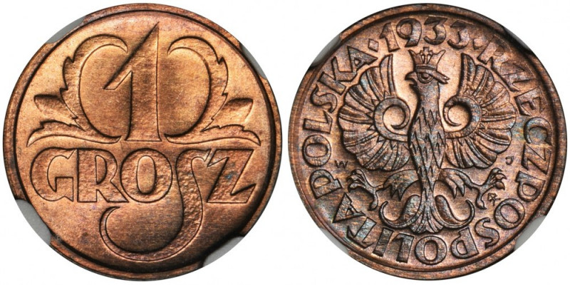 1 grosz 1933 - NGC MS66 RB Wyśmienity, wyselekcjonowany egzemplarz. Kolor czerwo...