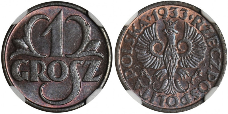 1 grosz 1933 - NGC MS66 BN Menniczy egzemplarz z intensywnym połyskiem. Kolor br...