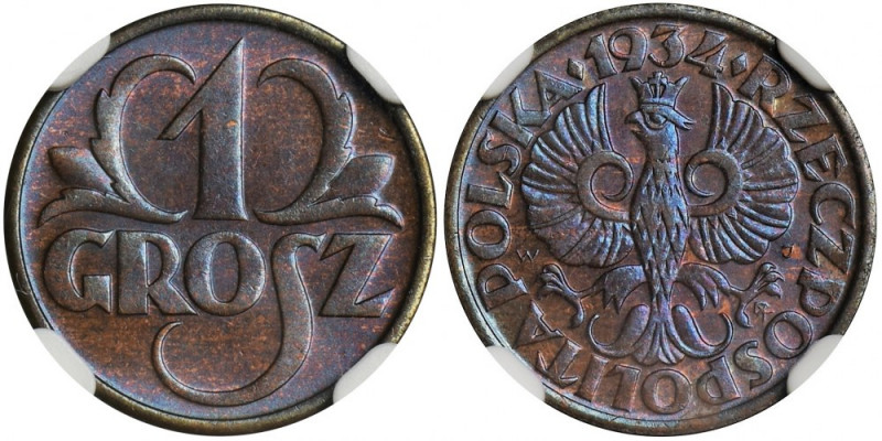 1 grosz 1934 - NGC MS66 BN Rzadki rocznik. Mennicza sztuka z mocnym połyskiem. K...