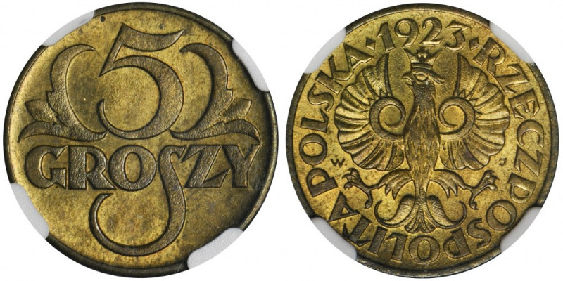 5 groszy 1923 Mosiądz - NGC MS64 Jedyny rocznik pięciogroszówki wybity w mosiądz...