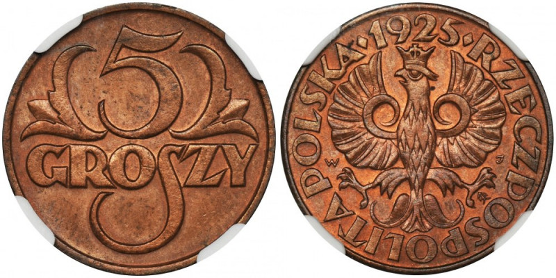 5 groszy 1925 - NGC MS64 RB Menniczy egzemplarz rzadszego rocznika. Przy tym roc...