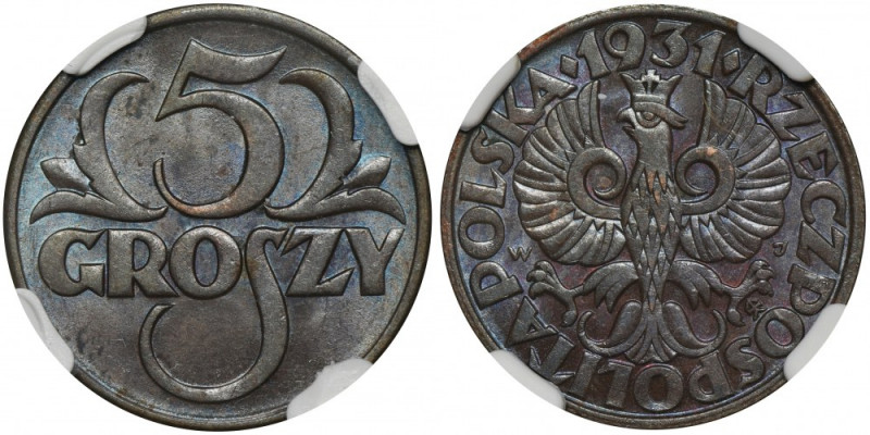 5 groszy 1931 - NGC MS61 BN Menniczy egzemplarz z ładnym połyskiem. Trudna monet...