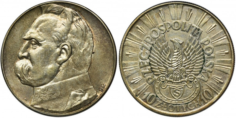 Piłsudski Strzelecki, 10 złotych 1934 Rzadszy typ z Orłem strzeleckim. Moneta z ...