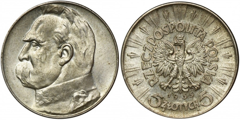 Piłsudski, 5 złotych 1935 Pięknie zachowany egzemplarz w naturalnej, równomierne...