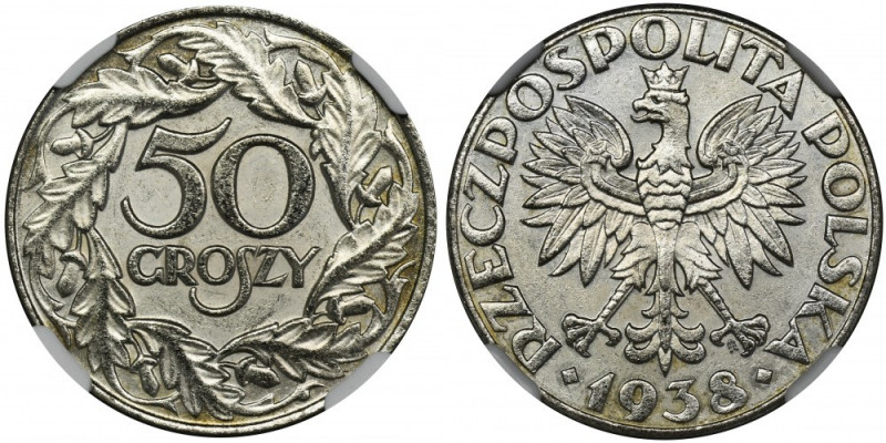 German Occupation, 50 groschen 1938 - NGC MS63 Pięknie zachowany wzór, niklowane...