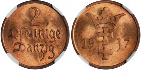 Free City of Danzig, 2 pfennige 1937 - NGC MS63 RD - RARE 2-ga nota