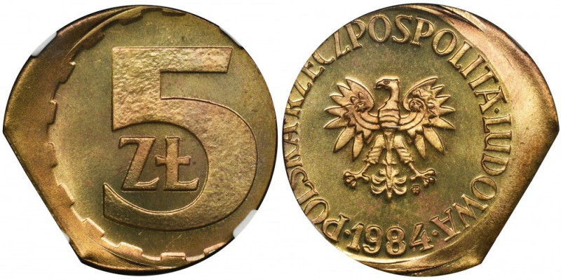 DESTRUKT, 5 złotych 1984 - NGC MS65 Efektowny destrukt w menniczym stanie zachow...