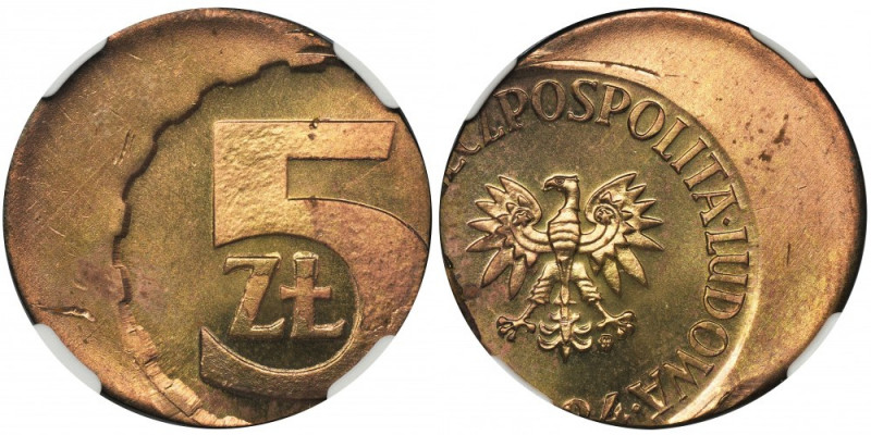 DESTRUKT, 5 złotych 1984 - NGC MS64 Efektowny destrukt w menniczym stanie zachow...