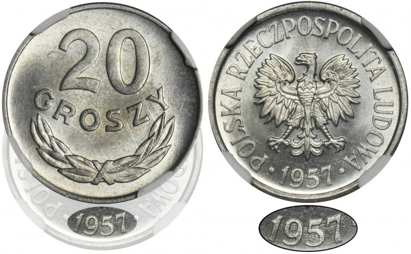 20 groszy 1957 - wąska data - NGC MS65 - RZADKIE Najrzadszy rocznik dwudziestogr...