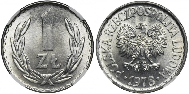 1 złoty 1978 - NGC MS66 - bez znaku mennicy Wariant bez znaku mennicy. Druga naj...