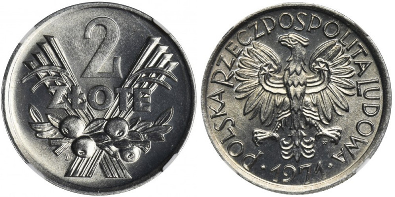 2 złote 1971 Jagody - NGC MS66 &nbsp; Druga najwyższa nota w rejestrze NGC. Świe...