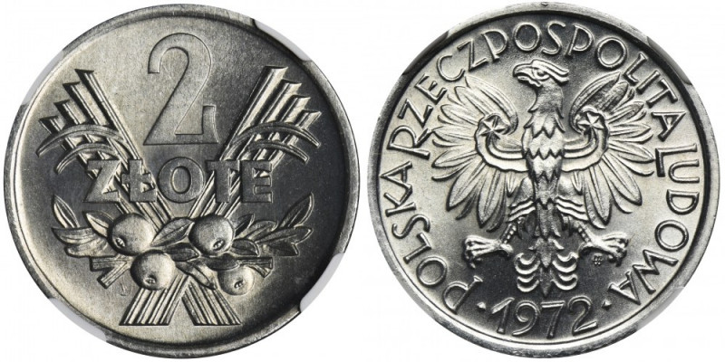 2 złote 1972 Jagody - NGC MS67 Menniczy egzemplarz rzadkiego rocznika. Wyśmienit...