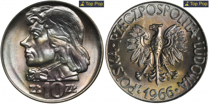 10 złotych 1966 Kościuszko - NGC MS68 Najrzadszy rocznik, wybity w najniższym na...