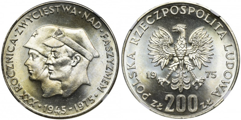 200 złotych 1975 Zwycięstwo nad Faszyzmem - NGC MS66 Menniczy egzemplarz. Refere...