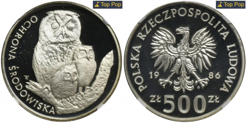 500 złotych 1986 Ochrona Środowiska Sowa - NGC PF69 ULTRA CAMEO Najwyższa nota w...