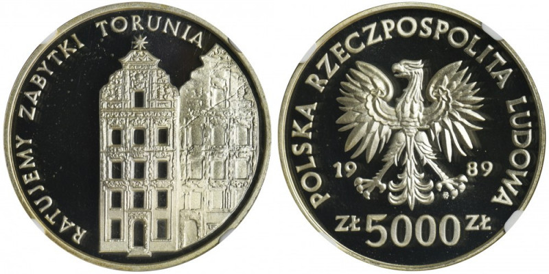 5.000 złotych 1989 Ratujemy Zabytki Torunia - NGC PF69 ULTRA CAMEO Najwyższa not...