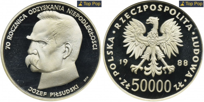 50.000 złotych 1988 Piłsudski - NGC PF69 ULTRA CAMEO Najwyższa nota w rejestrze ...