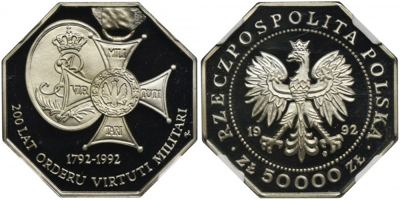 50.000 złotych 1992 Virtuti Militari - NGC PF69 ULTRA CAMEO Druga najwyższa nota...