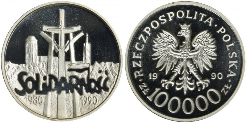 100.000 złotych 1990 Solidarność - NGC PF69 ULTRA CAMEO - GRUBA Tak zwana gruba ...