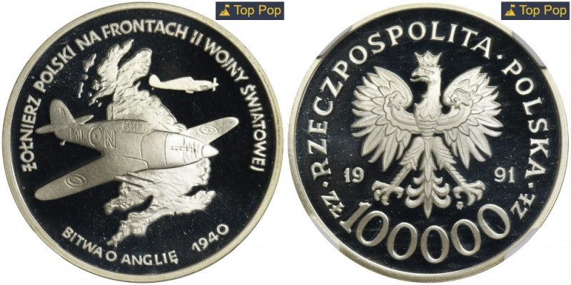 100.000 złotych 1991 Bitwa o Anglię - NGC PF69 ULTRA CAMEO Najwyższa nota w reje...