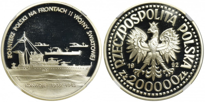 200.000 złotych 1992 Konwoje - NGC PF69 ULTRA CAMEO Druga najwyższa nota w rejes...