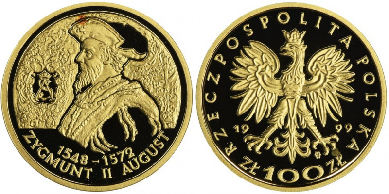 100 złotych 1999 Zygmunt II August Złota moneta wybita stemplem lustrzanym. Nakł...