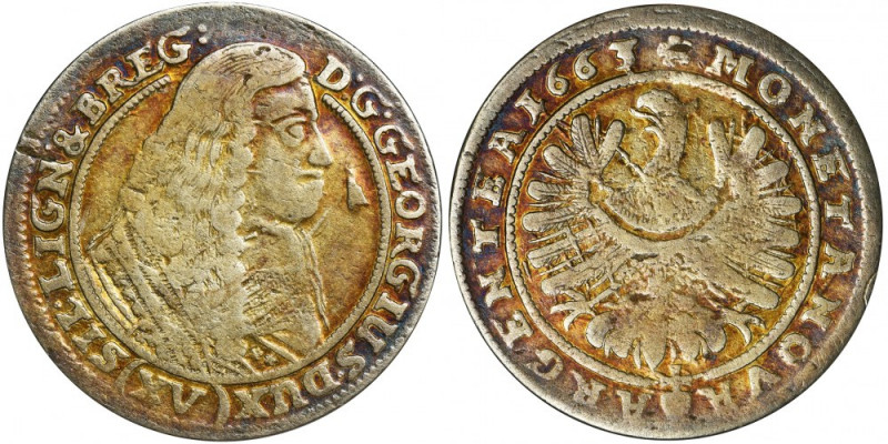 Silesia, Duchy of Liegnitz-Brieg-Wohlau, Georg III, 15 Kreuzer Brieg 1663 Variet...