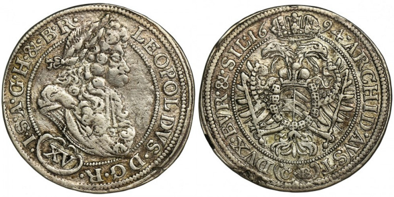Silesia, Habsburg rule, Leopold I, 15 Kreuzer Brieg 1694 CB Rzadsza piętnastokra...