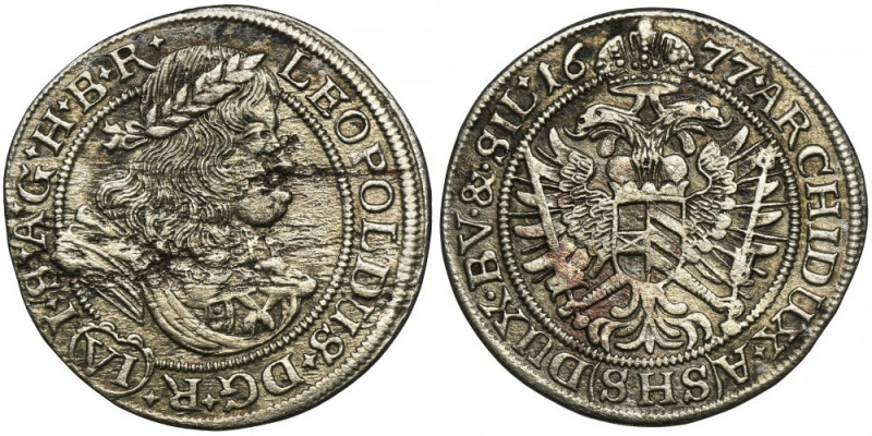 Silesia, Habsburg rule, Leopold I, 6 Kreuzer Breslau 1677 SHS Rare six kreuzer. ...